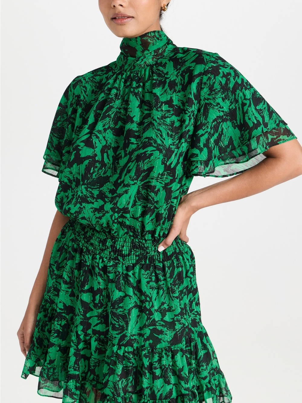 Misa Los Angeles “Saffie” Green Floral High-Neck Flutter Sleeve Dress